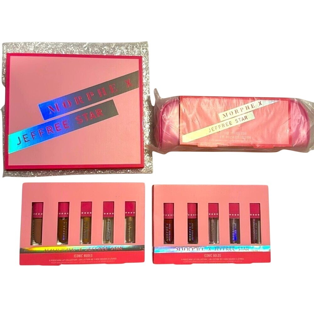 Jeffree Star morphe x eyeshadow palette, lips glosses and makeup brushes